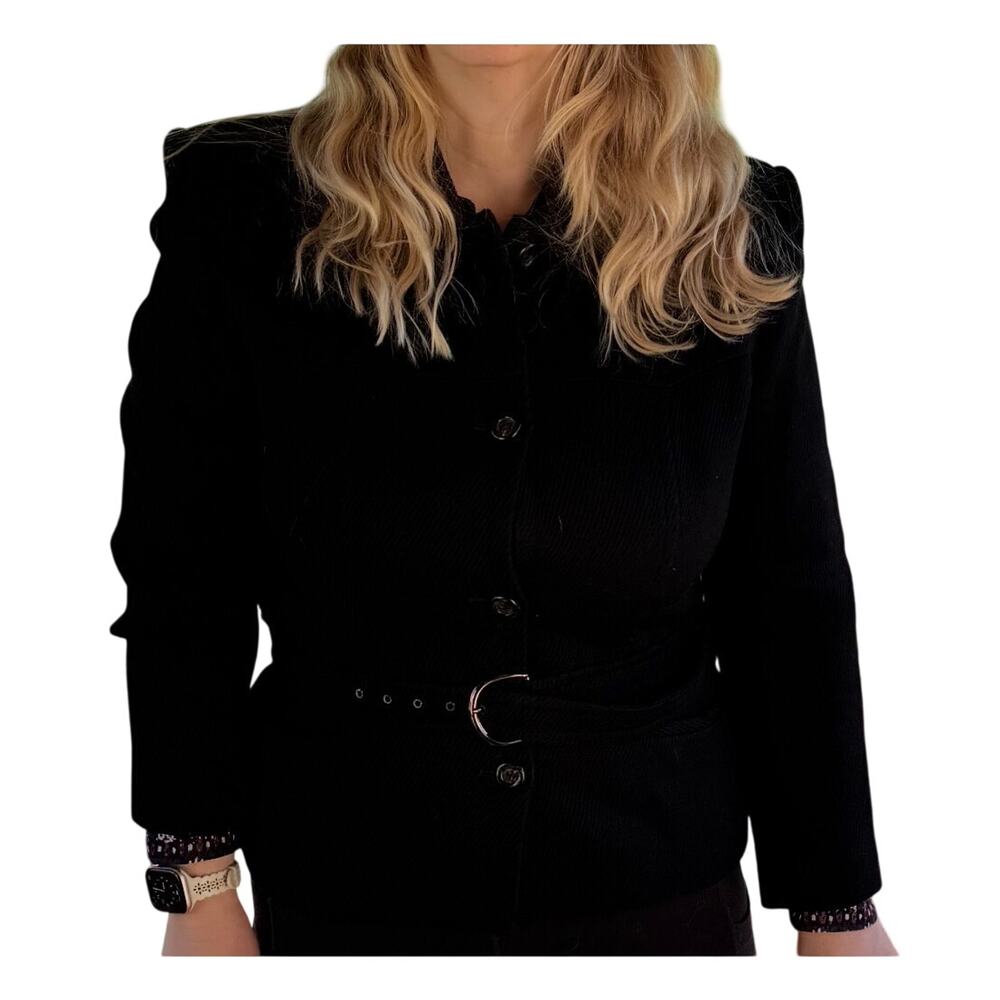 Vintage 90s Jones New York Black Wool Belted Blazer Jacket USA Womens 16 Peplum